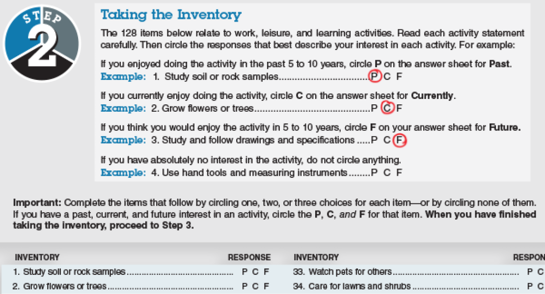 Step two of the Career Exploration Inventory 