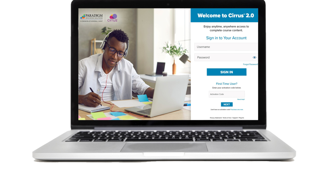 The Cirrus 2.0 login page displayed on a laptop